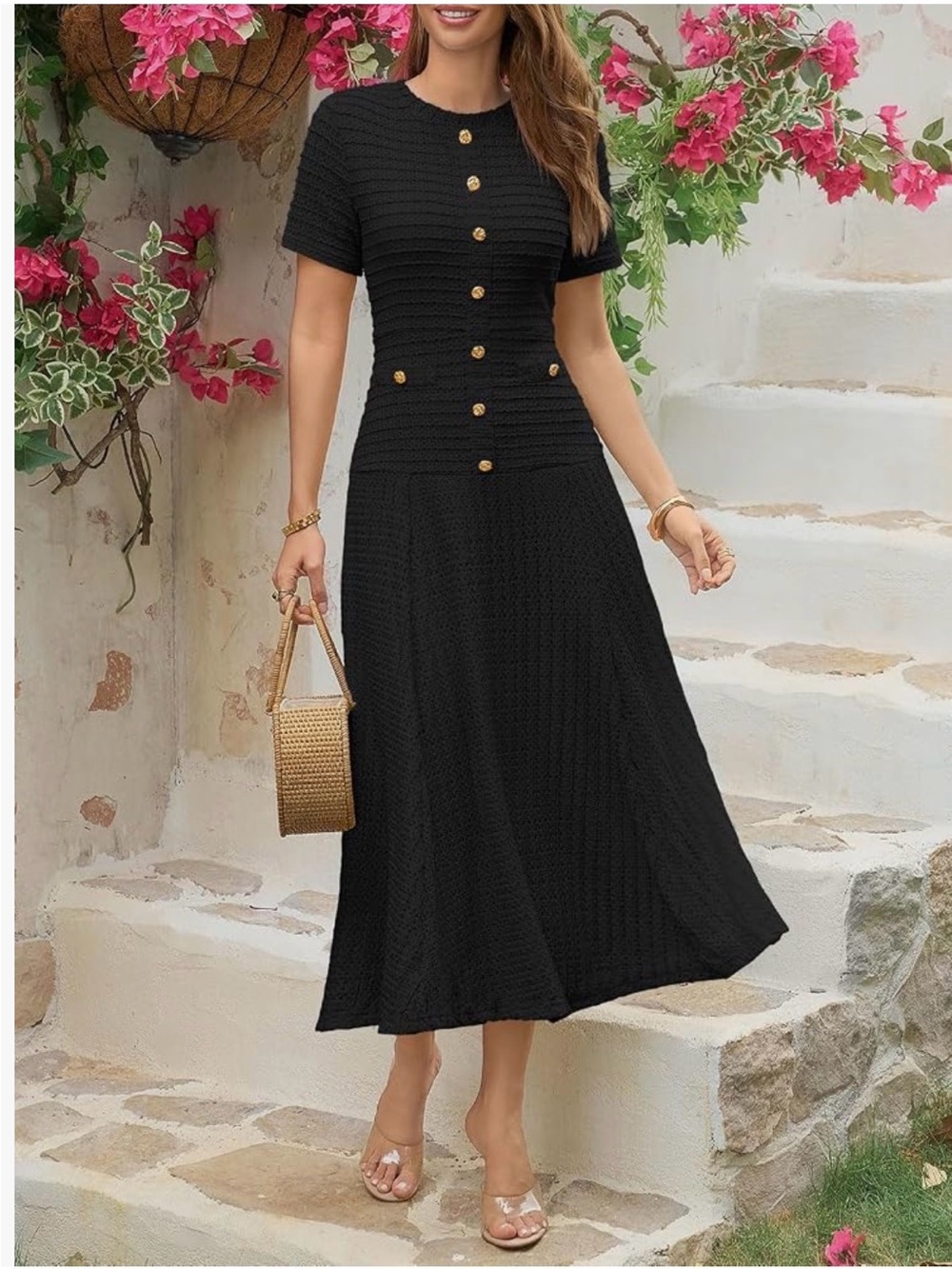 Elegant Black Short-Sleeve Maxi Dress with Gold Buttons